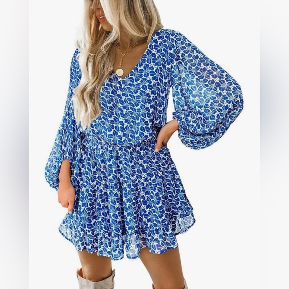 Blue Floral Women's Dress Spring V Neck Ruffle Chiffon Mini Slater Dress Easter